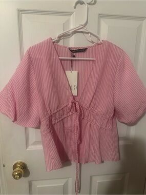 Zara Pink Striped Tie-Waist V-Neck Blouse